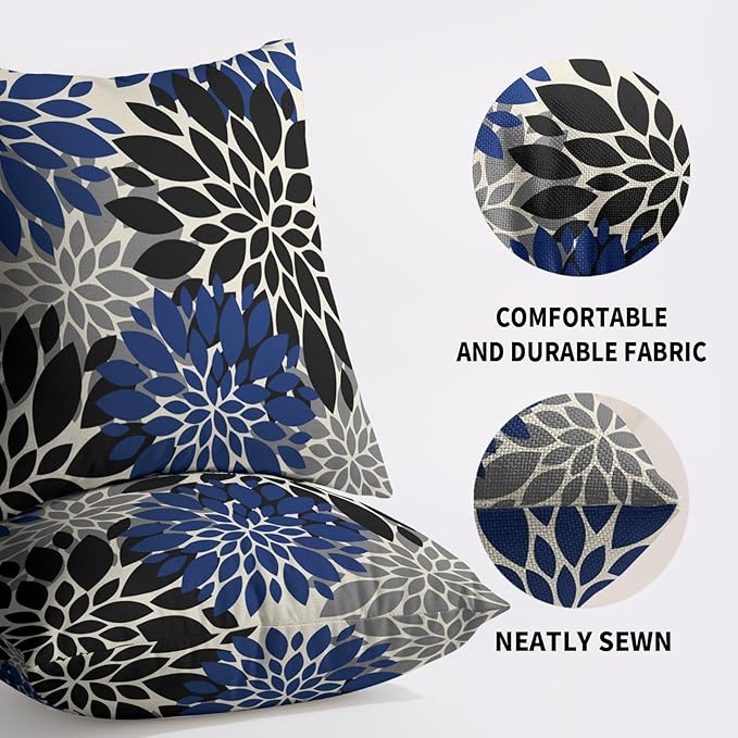 Black Navy Blue Pillow Covers 20X20 Inch Set of 2, Spring Summer Floral Dahlia Flower Cream Decorative Throw Pillow Covers Outdoor Modern Farmhouse Cushion Case for Home Couch Sofa Bed Decor