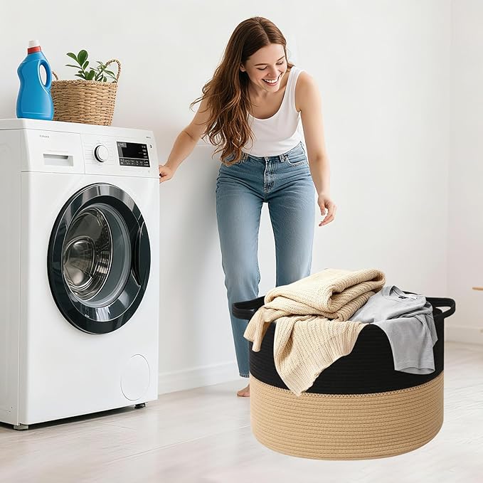 115L Large Blanket Basket,23.6" L x 23.6" W x 15.7" H Rope Woven Baskets with Handles, Toys Storage Bins,Laundry Basket Perfect for Living Room, Nursery,Bedroom,Home Organization,Black&Camel