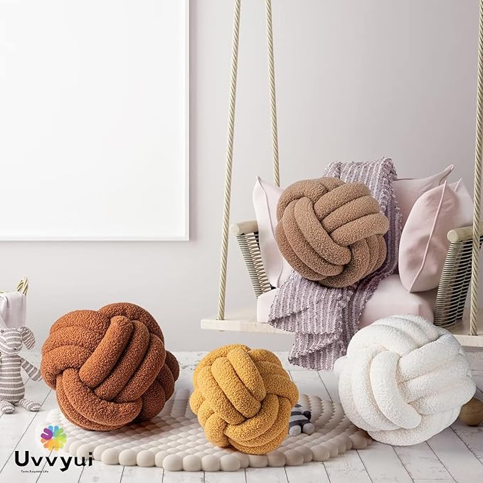 Uvvyui Knot Pillow Ball, Soft Home Decorative Pillows, Round Throw Pillow, Handmade Knotted Plush Pillow, Round Boucle Pillow Cushion (11 Inches Dark Yellow)