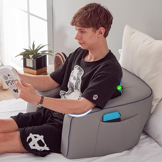 Reading Pillow with Armrests – Extra Large Memory Foam Gaming Pillow for Adult, Lap Desk for Laptop, Arm Rest for Working, Crocheting, Playing Game or Siting in Bed, Floor, Sofa, (Grey)