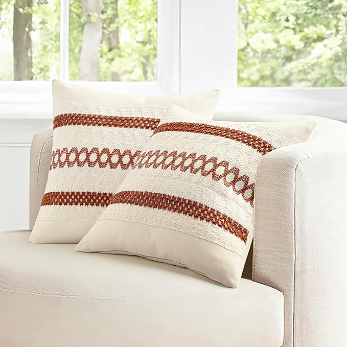 MIULEE Set of 2 Rust Decorative Pillow Covers 18x18 Inch Farmhouse Rustic Boho Couch Throw Pillows Modern Cotton Cushion Covers Retro Cute Macrame Woven Home Decor for Bed Sofa Chair