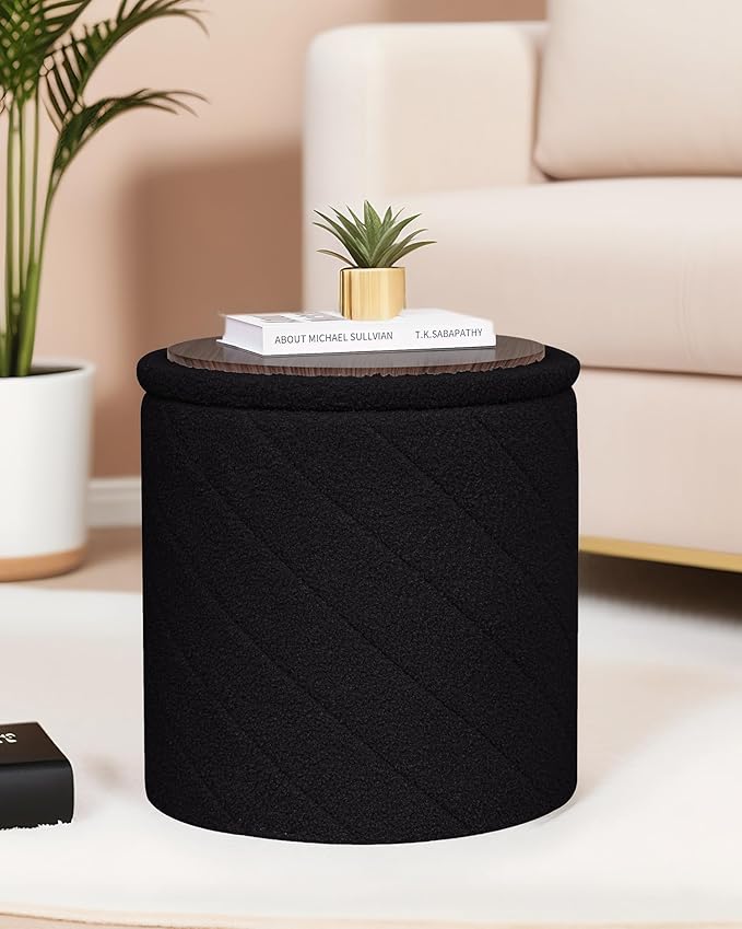 B FSOBEIIALEO Ottoman with Stroage, Boucle Round Storage Ottoman with Tray, Foot Rest Stool for Dorm Room, Living Room Black, 16.93"x16.93"x17.72"
