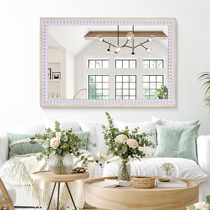 35x23 Incehs Boho Wooden Rectangle Mirror for Wall Decor, Rustic Farmhouse Decorative Mirrors for Bathroom Over Sink, Bedroom, Living Room, Entryway - Vertical/Horizontal Hanging
