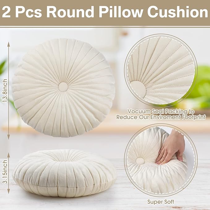Namalu 2 Pcs Round Throw Pillow 13.8 Inch Decorative Round Velvet Floor Pillows Pumpkin Throw Pillows with Center Button for Thanksgiving Home Decor Living Room Sofa Couch Bed Chair (Cream)