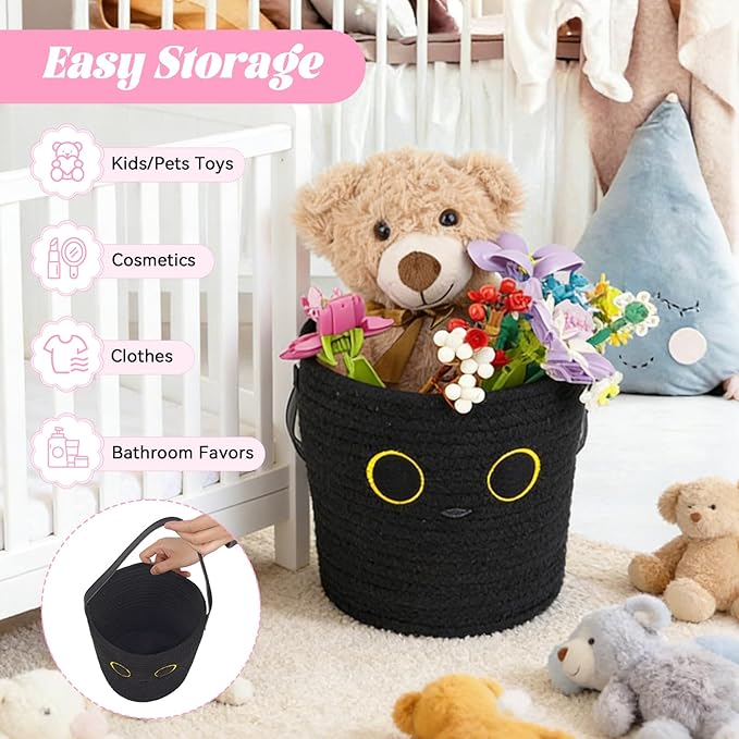 2 Pack Wall Hanging Rope Basket, Small Black Woven Hanging Basket Leather Handle, Black Cat Cotton Rope Wall Storage Basket for Plants Toys, Foldable Round Boho Decor (7.8x7inch)