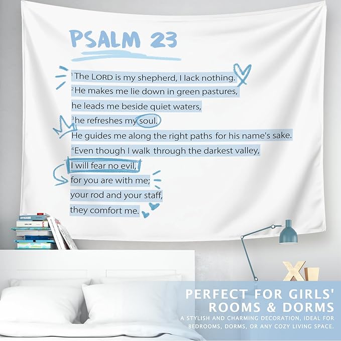 LIANGW Bible Verses Christian Tapestry, Inspirational Christian Tapestry for Women, Bible Blue Bow Aesthetic for Girls Bedroom or Dorm Room， Based Blue Room Decor Aesthetic 50x60 inches