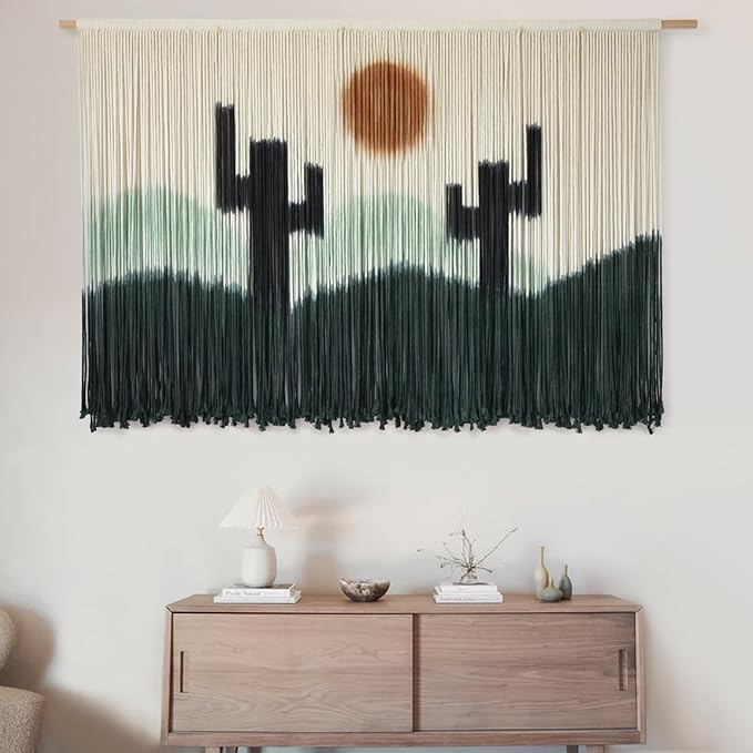 Macrame Wall Hanging Green Cactus Wall Decor Macrame Wall Decor 57" W x 35" L Dip-Dye Large Yarn Tapestry Fiber Art Home Decor