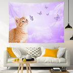 LB Funny Cat Butterfly Wall Tapestry Cute Cat with Butterfly on Fantasy Cloud Purple Sky Tapestry Animal Wall Decor for Bedroom Living Room Dorm 92.5Wx70.9L Inches