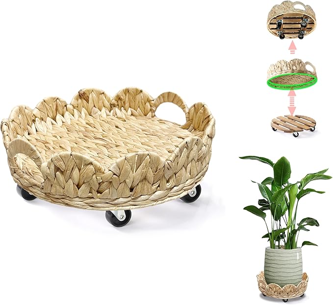 outdoor rattan plant stand round trays planter caddy with wheels, indoor wooden flower pots table decor wicker basket (Water Hyacinth)