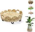 outdoor rattan plant stand round trays planter caddy with wheels, indoor wooden flower pots table decor wicker basket (Water Hyacinth)
