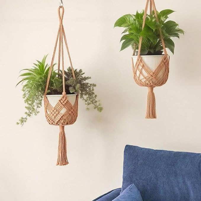 2 Pack Macrame Hanging Planters with Patterns - Stylish Plant Hangers Crochet Boho Plant Holder Hanging Plant Basket for Up to 6 Inch Pots(Caramel)