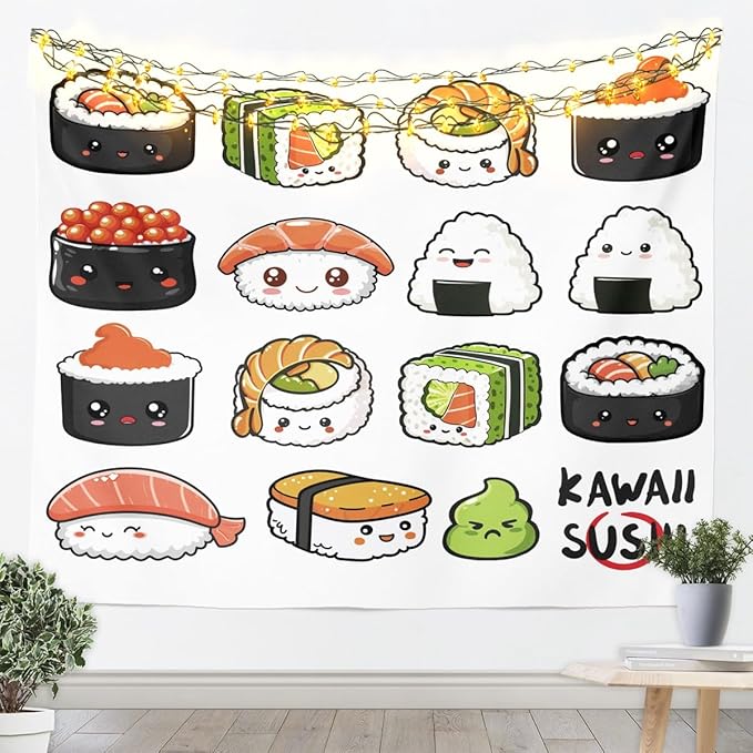 Erosebridal Sushi Pattern Tapestry, Japanese Style Wall Blanket, Food Theme Wall Hanging, Cute Cartoon Bedroom Decor Small 51x59