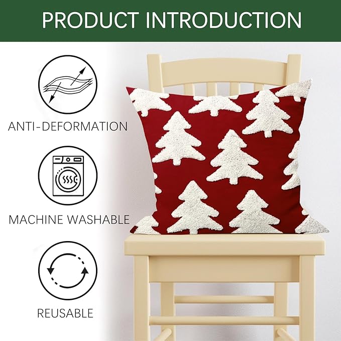 Red Christmas Tree Embroidery Decorative Throw Pillow Covers 18 x 18 Set of 2, Xmas Pine Trees Tufted Porch Outdoor Home Decor, Winter Holiday Plush Faux Fur Jacquard Sofa Couch Cushion Case