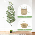 6FT Artificial Eucalyptus Tree with Wicker Basket & Black Pot, Indoor Green Faux Eucalyptus Trees, Fake Eucalyptus Plants with Lifelike Leaves & Natural Trunk for Home Office Bedroom, 2 Pack