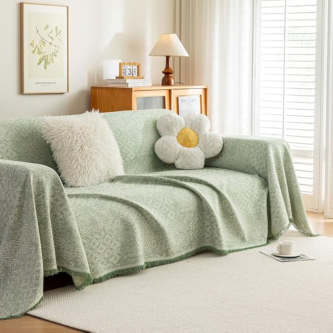ROOMLIFE Green Sofa Cover, Vintage Boho Couch Cover for 3 Cushion Sofa, Soft Breathable Sofa Cover for Dog, Washable Furniture Sofa Protector Cover Blanket with Tassel for Living Room, 71 '' X 150''