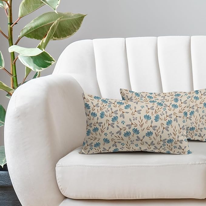 Brown Blue Grey Floral Pillow Covers 12x20 Set of 2 Vintage Rustic Old Style Cute Small Flower Print Rectangle Decorative Outdoor Pillowcases Farmhouse Throw Cushion Case Decor for Couch Sofa Bed