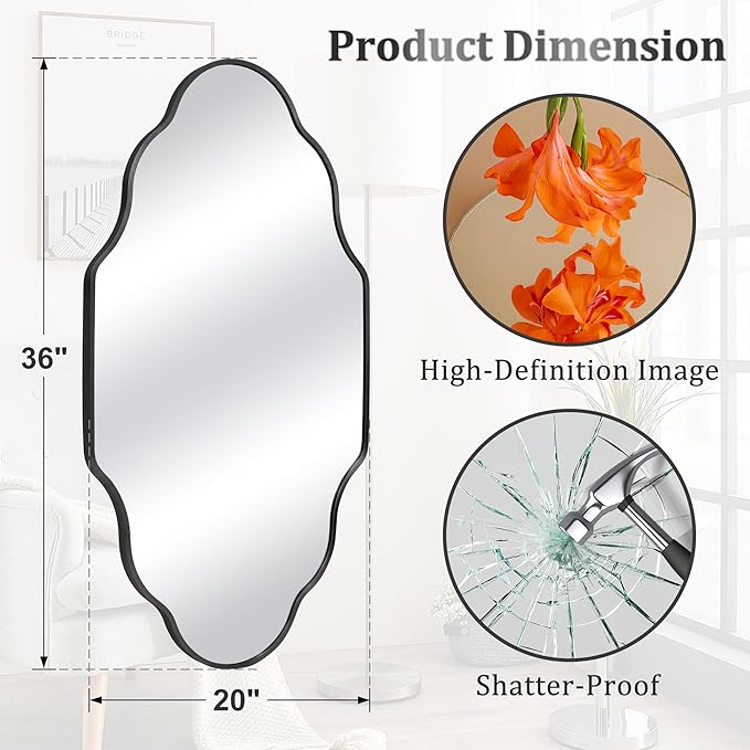 Scalloped Mirror for Bathroom - 20"x36" Black Bathroom Mirror with Aviation Aluminum Alloy Frame & Shatter-Proof Glass for Living Room Bedroom Entryway, Brushed Black Frame