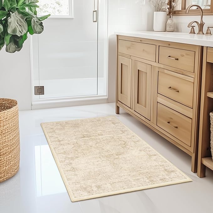 Distressed Beige Kitchen 2x3 Rugs Non Slip Washable, Natural Farmhouse Vintage Medallion Pinted Door Mat Indoor Entrance Entryway, Small Low Pile Rugs for Bathroom Vanity/Laundry Room/Bedroom