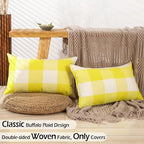 CARRIE HOME Yellow Plaid Summer Outdoor Lumbar Pillow Covers 12x20 Set of 2, Bright Lemon Yellow Buffalo Check Plaid Lumbar Pillows, Porch Decorative Pillows for Patio Furniture (No Pillow Insert)