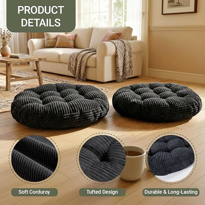 Large Floor Pillow for Adults, 22x22" Memory Foam Floor Cushion with Corduroy Cover, Square Floor Sitting Cushions for Meditation, Lounge,Seating for Yoga, Tatami Living Room (2, Round-Black)