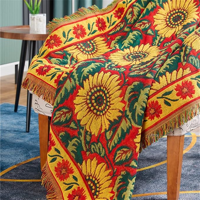 Red Sunflower Throw Blanket with Fringe Boho Throw Blankets Recliner Chair Couch Sofa Cover Woven Reversible Cotton Bohemian Tapestry Hippie Room Home Decor Double Side 50"x70"