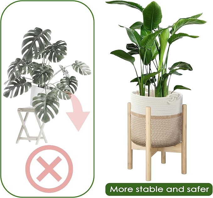 Flower Pot Rattan Plant Stand Planter with Stand, Tall Indoor Boho Woven Wicker Storage Basket with Adjustable Wood Shelf (White & Brown)