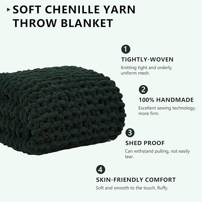 L'AGRATY Chunky Knit Blanket Throw: 72''x84'' Chenille Chunky Knitted Throw Blanket for Bed Couch - Handmade Thick Big Cable Knit Blankets - Large Crochet Rope Blanket for Home Decor(Green)