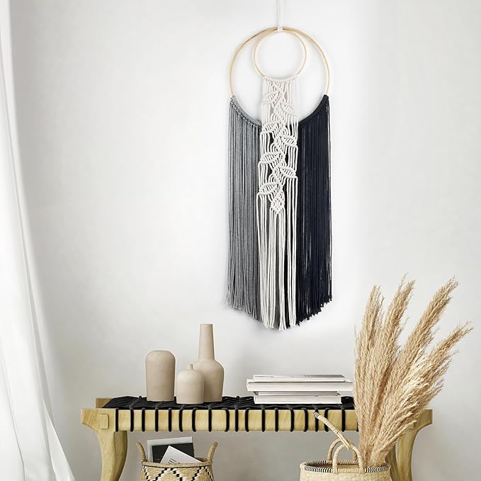 LB Boho Black White Grey Macrame Wall Hanging Hand Woven Leaf Pattern Tapestry Wall Art with Wood beads Modern Aesthetic Tassel Wall Decor for Home, Bedroom, Living Room