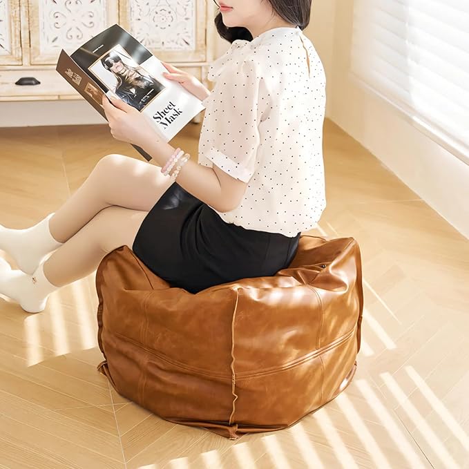 Pouf Ottoman - Unstuffed Handmade Faux PU Leather Moroccan Style, Eco-Friendly Pouf Cover with Storage Potential, Foot Rest for Living Room, Floor Chair Gifts for Men & Women (Vintage Orange)