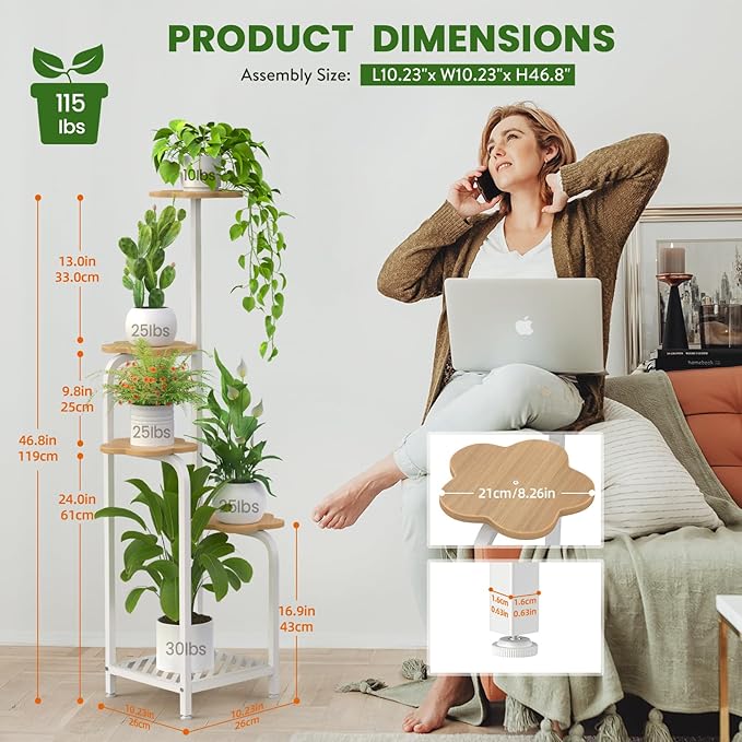 TOSKING 5 Tier Metal Anti-Tip Plant Stand indoor, Wide Base for Pots, Child and Pet Friendly ,Heavy Duty Plant Shelf , Corner Shelf, Flower Pot Stand for Multiple Plants, Indoor Plants Tiered Stand for Living Room Balcony Garden Patio Bedroom (White an...