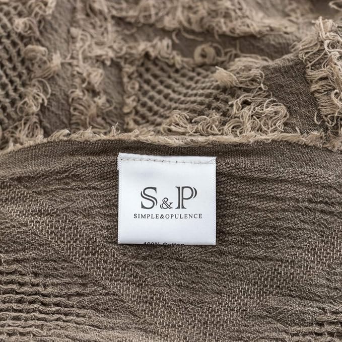 Simple&Opulence 100% Cotton Throw Blanket for Bed, Couch, Boho Textured Geometric Knit Woven Blanket with Tassels Soft, Lightweight Breathable Shabby Chic Farmhouse Decoration for All-Season(Brown)