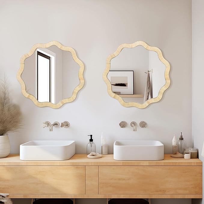 ULIKE Rattan Wicker Mirror for Bathroom, 24 Inch Boho Woven Decorative for Wall, Rustic Farmhouse Vanity Mirror, Geometric Scalloped Rattan Mirrors for Living Room Entryway Bathroom Bedroom