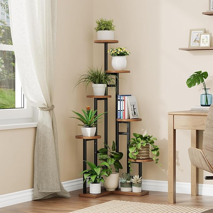 HOOBRO Corner Plant Stand Indoor, 7-Tier Plant Shelf for Multiple Indoor Plants, Corner Plant Rack Organizer, Round Flower Stand, for Living Room, Balcony, Patio, Rustic Brown and Black BF02HJ01