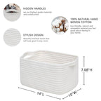CubesLand Woven Cotton Rope Basket for Laundry, Book, Nursery, Clothes, Shoes, Toys Organizing and Bedroom Home&Living Room Decor, with Durable Handle, Rectangular 14x10x7.08IN White