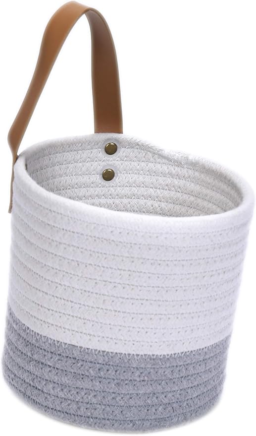 2pack Small Hanging Basket-Cotton Rope Wall Basket with Handle, Hanging Storage Baskets, Shelf Baskets Storage Bin Closet Organizer 6"×6.3", Woven Plant Basket - (White & Grey)