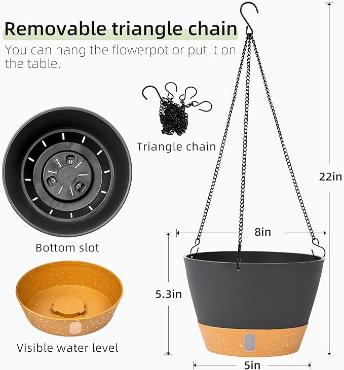 QCQHDU 2 Pack 8 Inch Hanging Planters for Indoor Outdoor Plants, Hanging Baskets Flower Pots with Reservoir Tray & Visible Water-Level