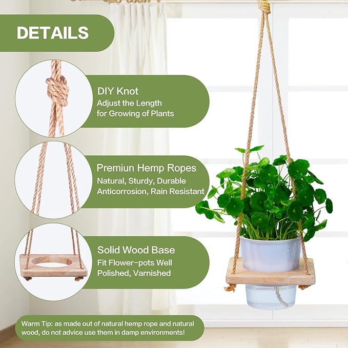 Hanging Plant Hanger for Small Flower Pots with Wood Base & Rope, Hanging Wood Plant Holder for Indoor Plants, Wall Ceiling Plants Hanger for Window Patio Deck Porch Living Room 1 Pack（Pot not included）