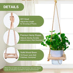 Hanging Plant Hanger for Small Flower Pots with Wood Base & Rope, Hanging Wood Plant Holder for Indoor Plants, Wall Ceiling Plants Hanger for Window Patio Deck Porch Living Room 1 Pack（Pot not included）
