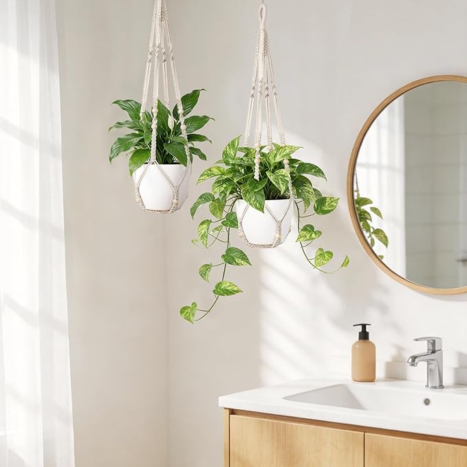 Dahey Macrame Plant Hanger Set of 2 Indoor Outdoor Hanging Planter with Wood Beads Decorative and 2 Hooks Flower Pot Plant Holder No Tassels for Boho Home Decor, 35 Inch, Ivory(Pots Not Included)