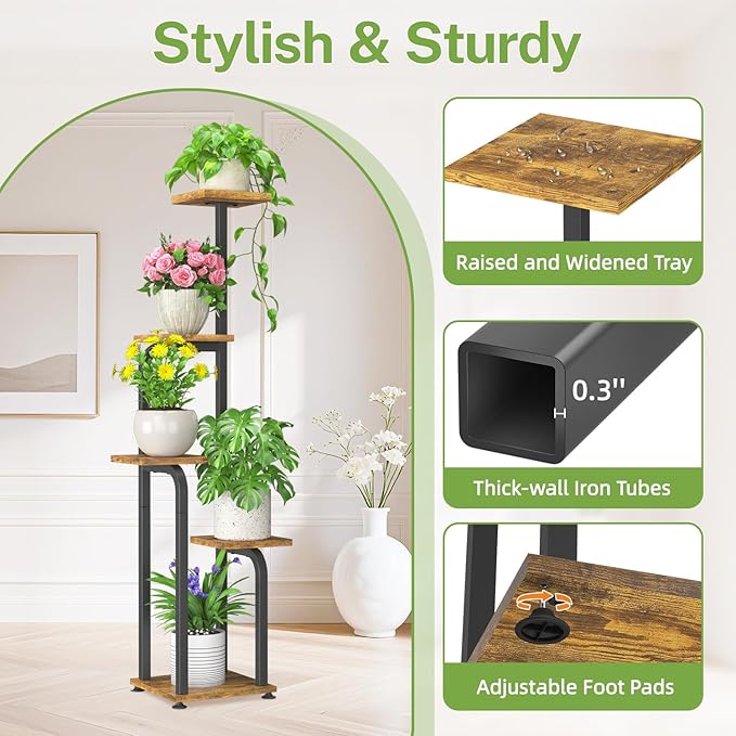 iDavosic.ly Tall Plant Stand Indoor, 4 Tier Corner Multiple Flower Holder Shelf with Wooden Trays, Space Saving Display Rack for Living Room Balcony Patio Porch Outdoor | Black & Brown