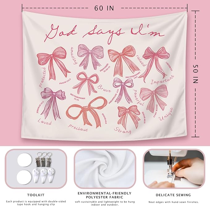 LIANGW Coquette Pink Bow Christian Tapestry Wall Hanging, Preppy Room Decor, God Says I am Christian Verse Wall Blanket Decor for Girls Room Dorm Apartment, 50x60 Inch
