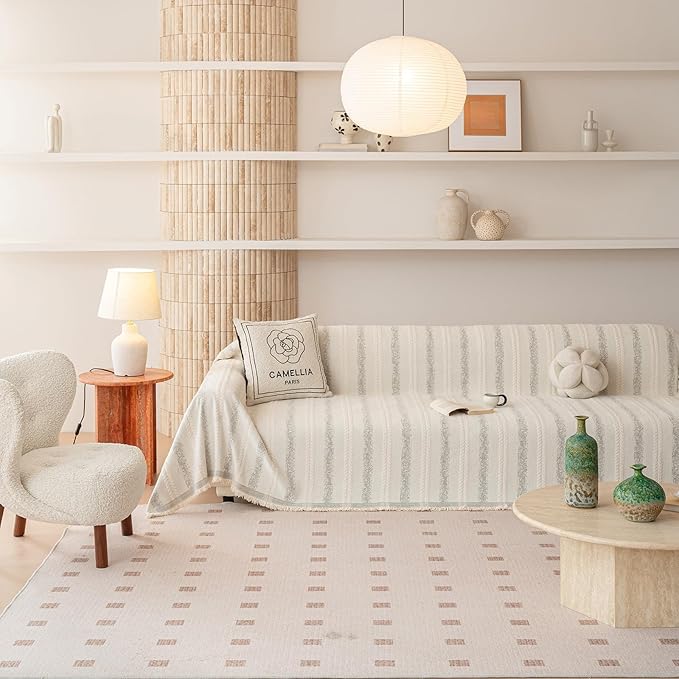 VClife Chenille Sofa Cover Bohemian Striped Pattern Couch Cover for 3 Cushion Sofa - Cream and Gray Textured Sofa Slipcover Washable Furniture Protector for Couch Decorative Couch Cushion Cover