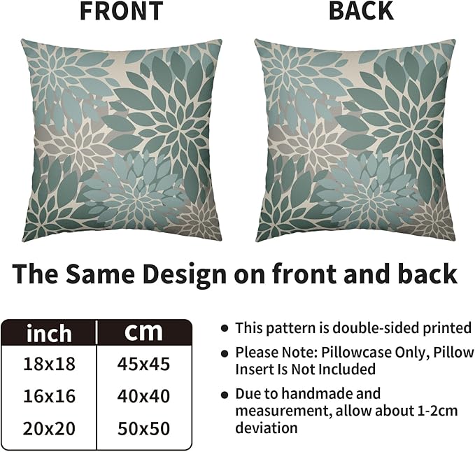 Aqua Blue Pillow Covers 16X16 Inch Set of 2, Dahlia Flower Spring Summer Floral Cream Decorative Throw Pillow Covers Outdoor Modern Farmhouse Cushion Case for Home Couch Sofa Bed Decor