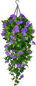 Artificial Fake Hanging Flowers Plants Basket for Spring Outdoor Outside Decoration, UV Resistant Faux Plastic Fabric Flower Morning Glory Wisteria Petunia for Garden Porch Patio Balcony Yard Decor