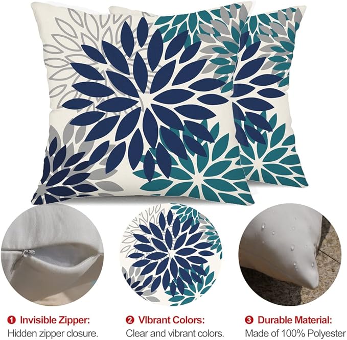 DFXSZ Navy Blue Flower Pillow Covers 18x18 Inch Set of 2 Outdoor Throw Pillows Outdoor Waterproof Decor for Living Room Sofa Patio Funiture Garden Floral Polyester Pillow Covers 002X18