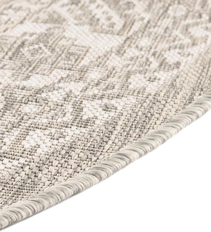 Rugs.com Outdoor Aztec Collection Rug – 13 Ft Round Light Gray Flatweave-Pile Rug Perfect for Kitchens, Dining Rooms