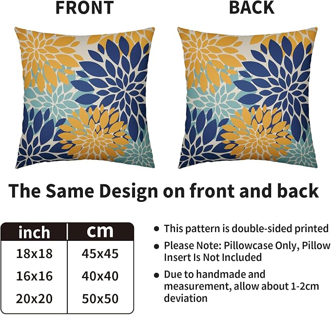 Yellow Blue Aqua Pillow Covers 20X20 Inch Set of 2, Summer Floral Dahlia Flower Decorative Throw Pillow Covers Outdoor Modern Farmhouse Cushion Case for Home Couch Sofa Bed Decor