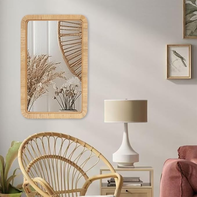 FUIN 20" x 30" Rattan Wicker Rectangle Wall Mounted Bathroom Mirror for Coastal Boho Nursery Decor, Natural