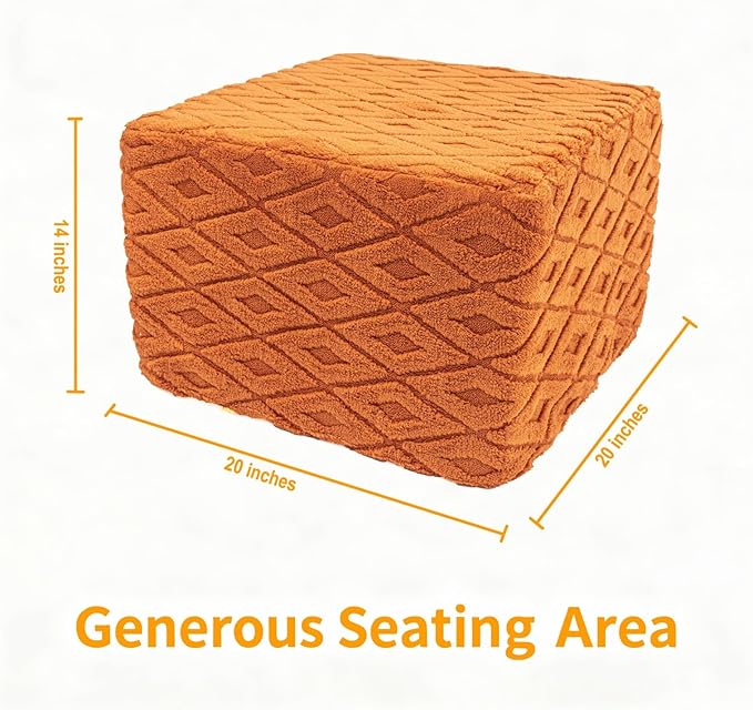 Fluffy Square Ottoman Pouf with All-in-One Foam Filling 20 x 14 Inches Furry Ottoman Foot Rest Foot Stool for Living Room or Bedroom (Orange)