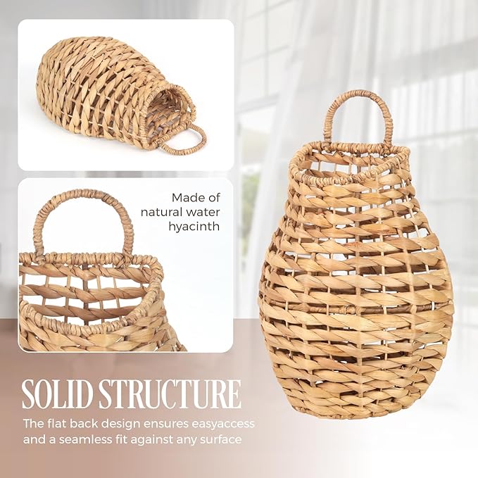 Natural Handwoven Wall Hanging Water Hyacinth Basket for Front Door Flowers & Home Decor – Handwoven Wicker Wall Baskets with Loop Handle – Decorative Organizer for Entryway Mail, and Seasonal Display